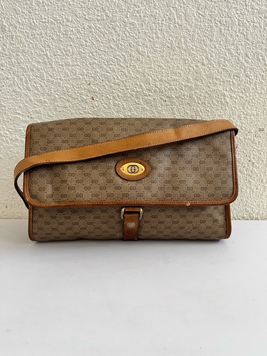 Gucci Other - Gucci Brown Monogram vintage Crossbody Bag in Tan Leather Trim